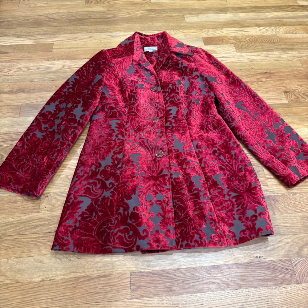 3 Sisters Red Damask Velvet Blazer Jacket Womens Medium Made in USA